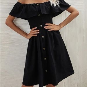 Black Off the Shoulder Button Up Midi Dress